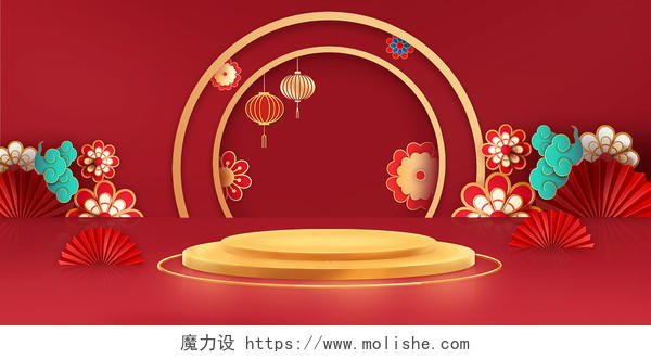 红色立体新年春节过年新春喜庆氛围展板背景